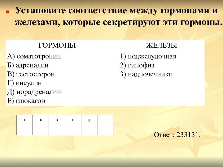 Установите соответствие между гормонами и железами, которые секретируют эти гормоны. Ответ: 233131.