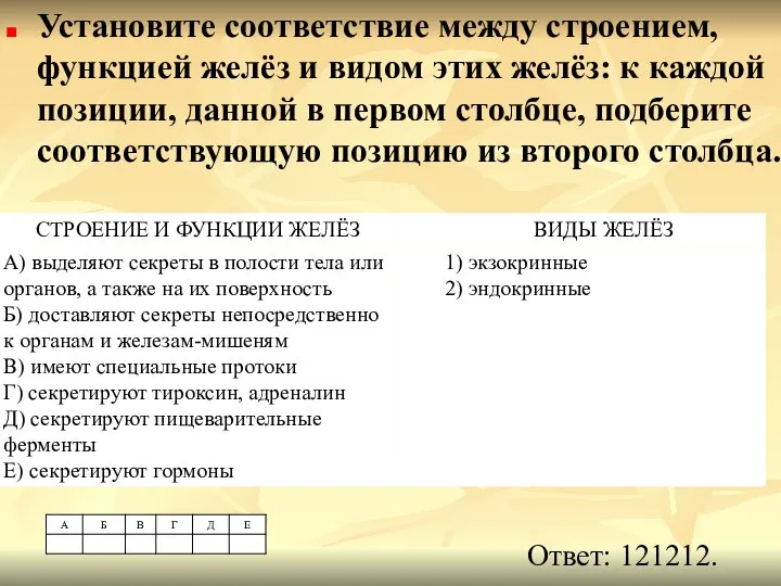 Установите соответствие между строением, функцией желёз и видом этих желёз: к