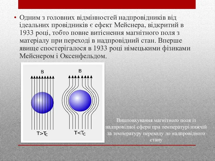 Одним з головних відмінностей надпровідників від ідеальних провідників є ефект Мейснера,