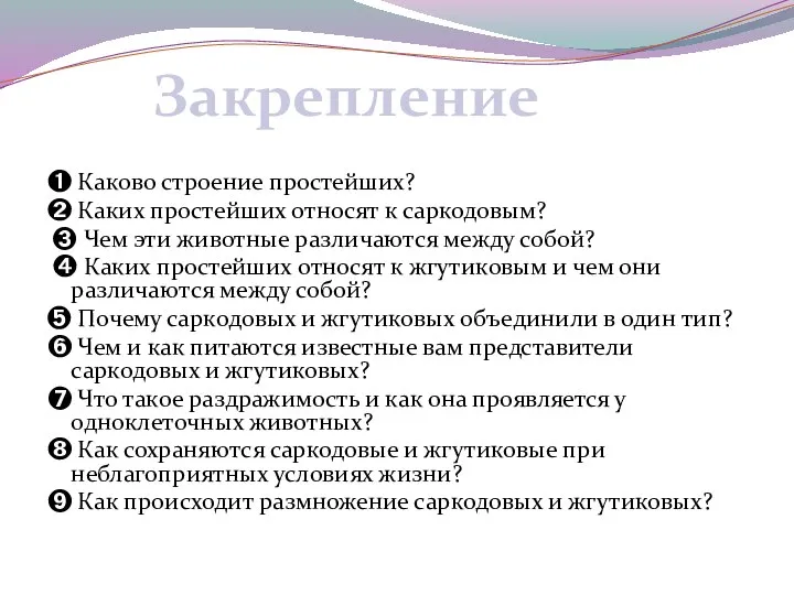 ➊ Каково строение простейших? ➋ Каких простейших относят к саркодовым? ➌