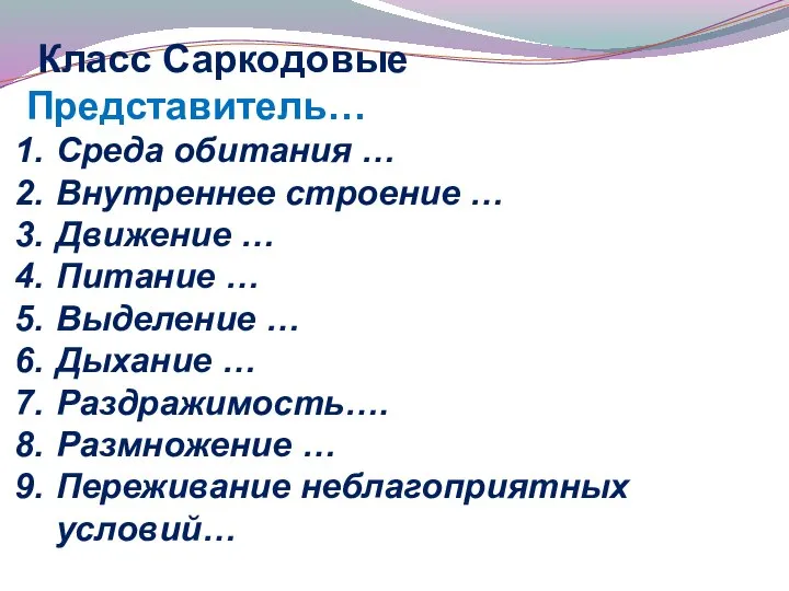 Класс Саркодовые Представитель… Среда обитания … Внутреннее строение … Движение …