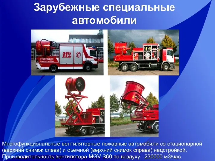 Зарубежные специальные автомобили Многофункциональные вентиляторные пожарные автомобили со стационарной (верхний снимок