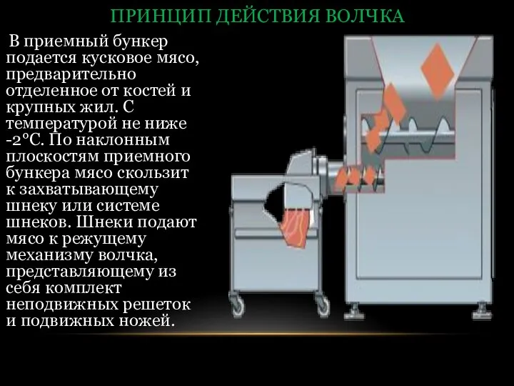 В приемный бункер подается кусковое мясо, предварительно отделенное от костей и