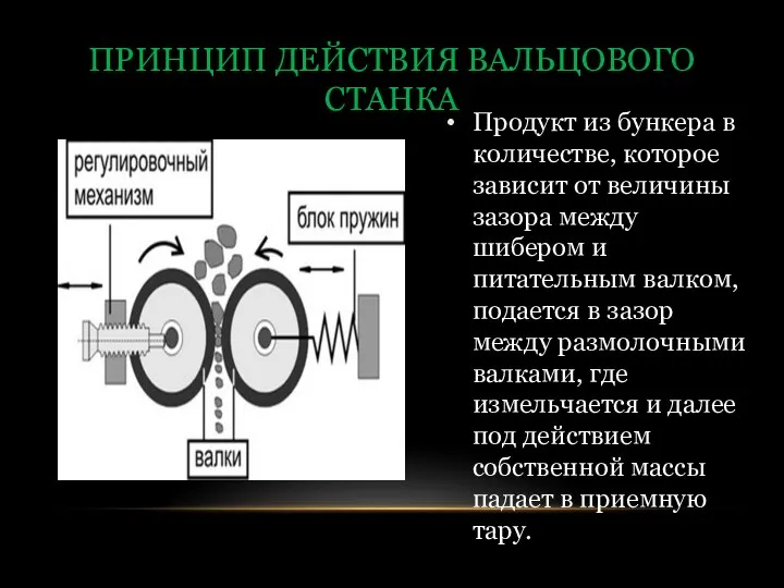 Продукт из бункера в количестве, которое зависит от величины зазора между