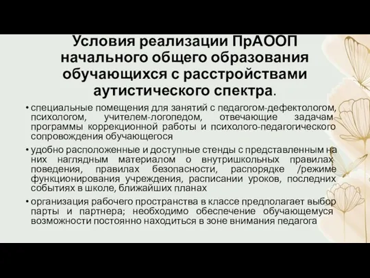 Условия реализации ПрАООП начального общего образования обучающихся с расстройствами аутистического спектра.