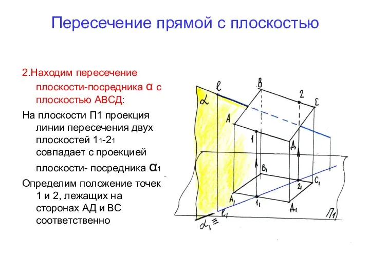 Пересечение прямой с плоскостью 2.Находим пересечение плоскости-посредника α с плоскостью АВСД: