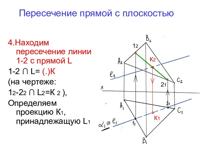 Пересечение прямой с плоскостью 4.Находим пересечение линии 1-2 с прямой L