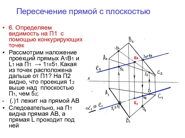 Пересечение прямой с плоскостью 6. Определяем видимость на П1 с помощью