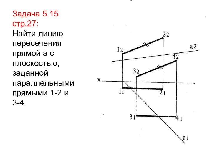 Задача 5.15 стр.27: Найти линию пересечения прямой а с плоскостью, заданной параллельными прямыми 1-2 и 3-4