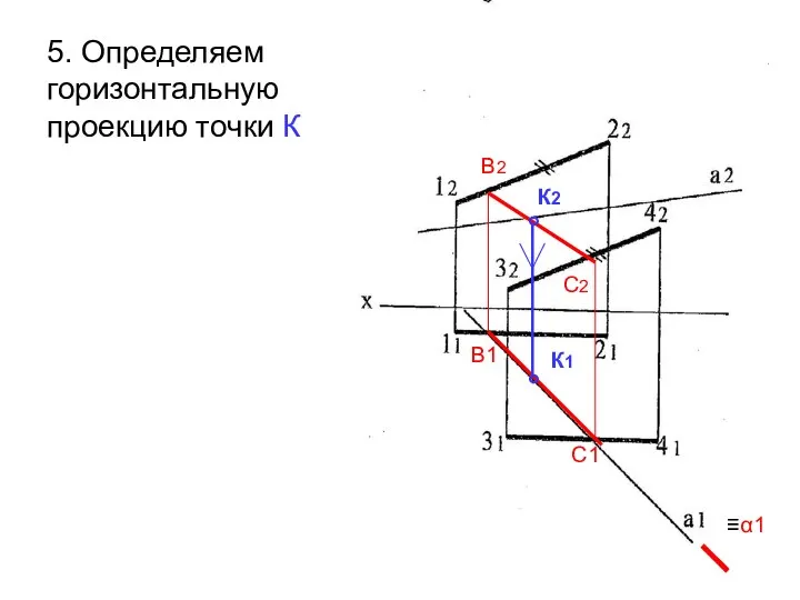 5. Определяем горизонтальную проекцию точки К ≡α1 В1 С1 В2 С2 ° К2 К1 °