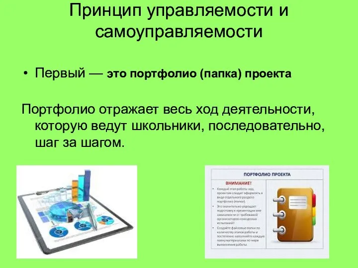 Принцип управляемости и самоуправляемости Первый — это портфолио (папка) проекта Портфолио