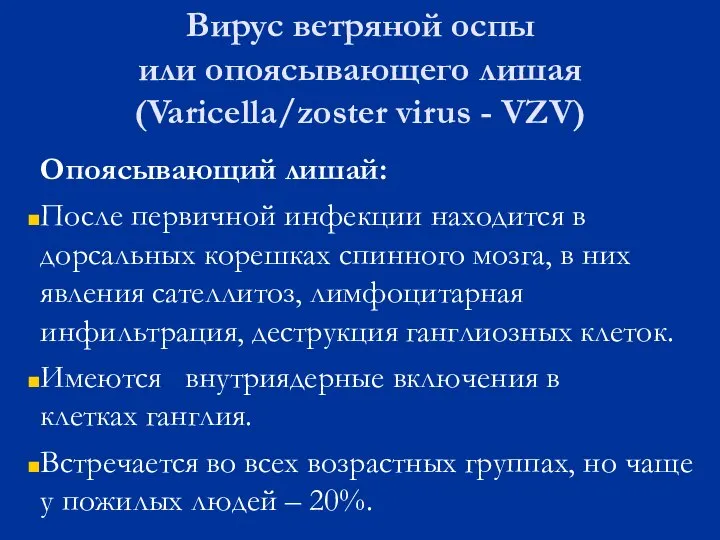 Вирус ветряной оспы или опоясывающего лишая (Varicella/zoster virus - VZV) Опоясывающий