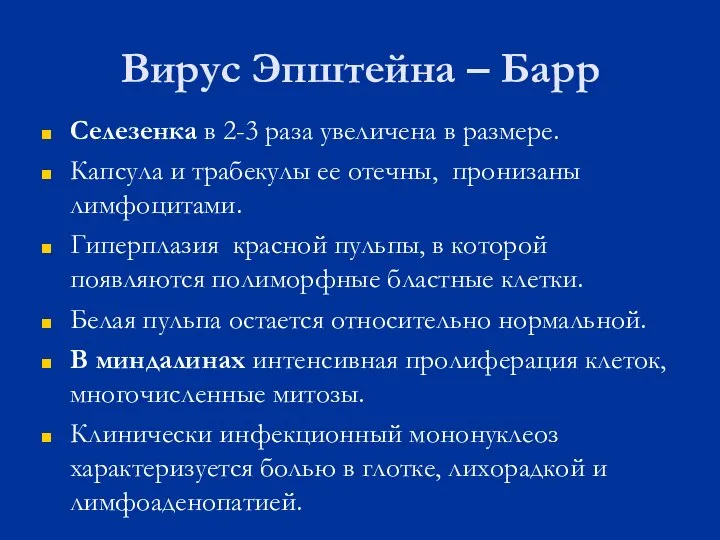 Вирус Эпштейна – Барр Селезенка в 2-3 раза увеличена в размере.