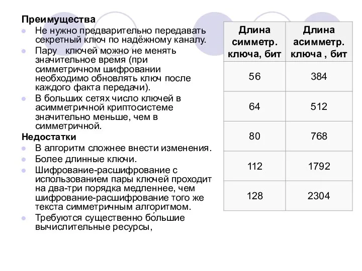 Преимущества Не нужно предварительно передавать секретный ключ по надёжному каналу. Пару