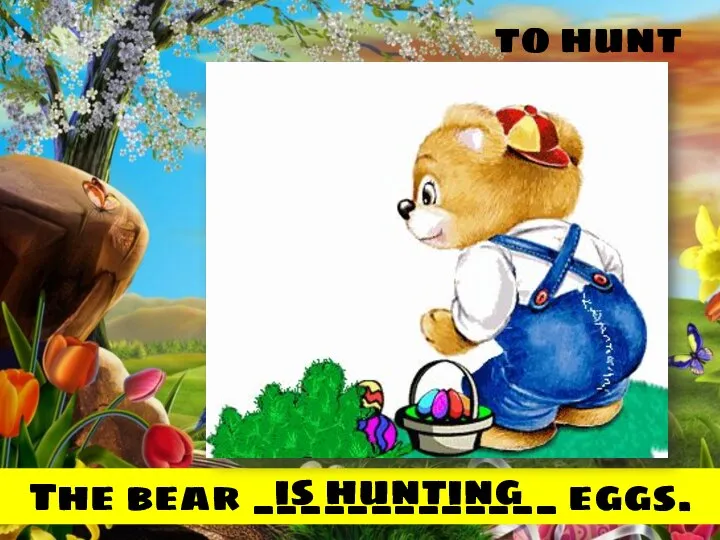 to hunt The bear _____________ eggs. is hunting