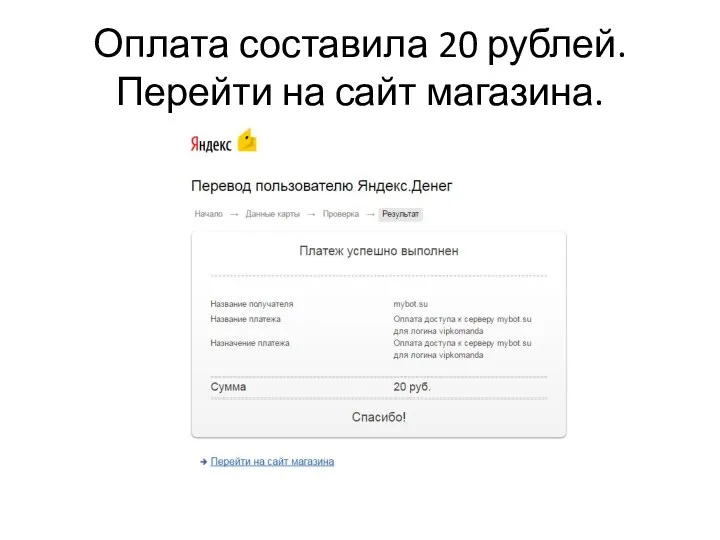 Оплата составила 20 рублей. Перейти на сайт магазина.