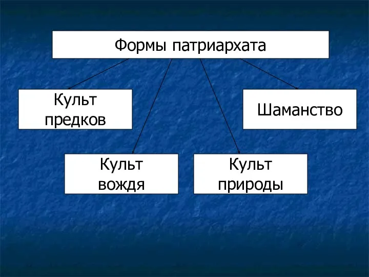 Формы патриархата Культ вождя Культ предков Культ природы Шаманство