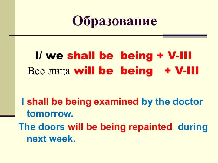 Образование I/ we shall be being + V-III Все лица will