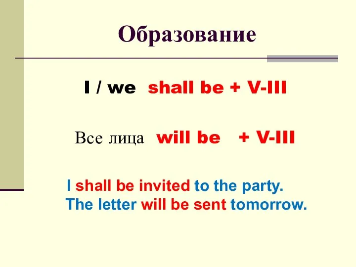 Образование I / we shall be + V-III Все лица will