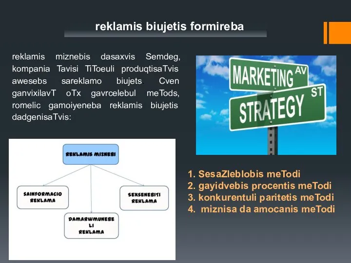 reklamis biujetis formireba reklamis miznebis dasaxvis Semdeg, kompania Tavisi TiToeuli produqtisaTvis