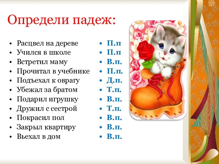 Определи падеж: Расцвел на дереве Учился в школе Встретил маму Прочитал