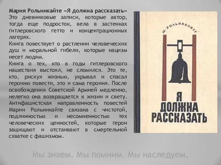 Мы знаем. Мы помним. Мы наследуем. Мария Рольникайте «Я должна рассказать»