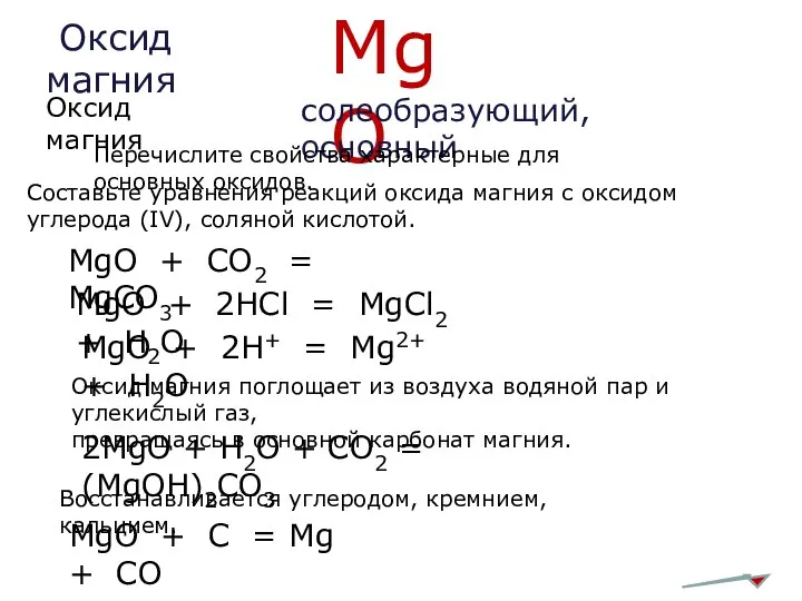 Оксид магния MgО Оксид магния солеобразующий, основный Перечислите свойства характерные для