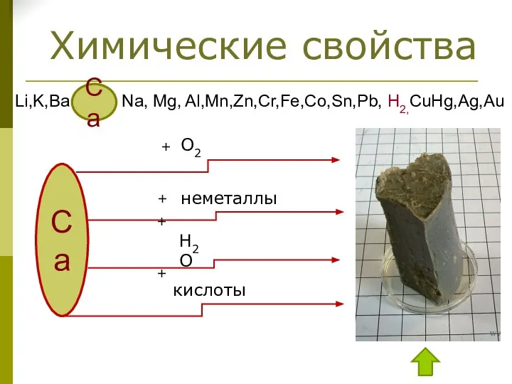 Химические свойства Li,K,Ba Na, Mg, Al,Mn,Zn,Cr,Fe,Co,Sn,Pb, H2,CuHg,Ag,Au Ca Ca + O2