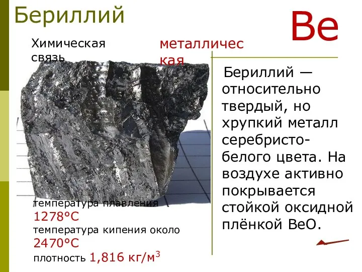 Бериллий — относительно твердый, но хрупкий металл серебристо-белого цвета. На воздухе