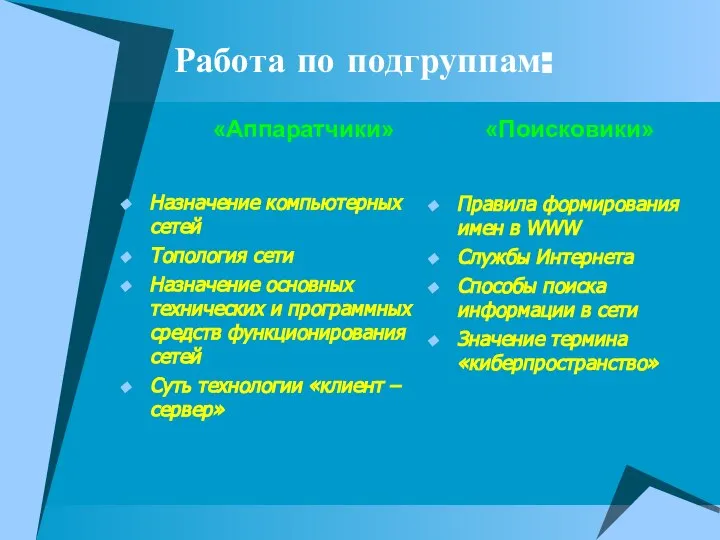 Назначение компьютерных сетей Топология сети Назначение основных технических и программных средств