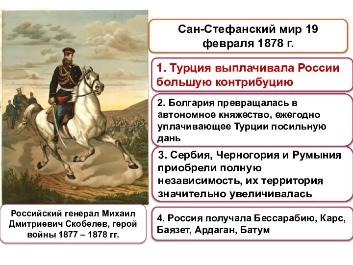 Сан-Стефанский мир 19 февраля 1878 г. 4. Россия получала Бессарабию, Карс,