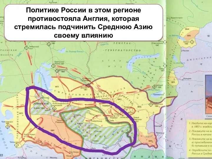 Политике России в этом регионе противостояла Англия, которая стремилась подчинить Среднюю Азию своему влиянию