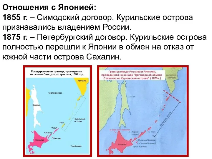 Отношения с Японией: 1855 г. – Симодский договор. Курильские острова признавались