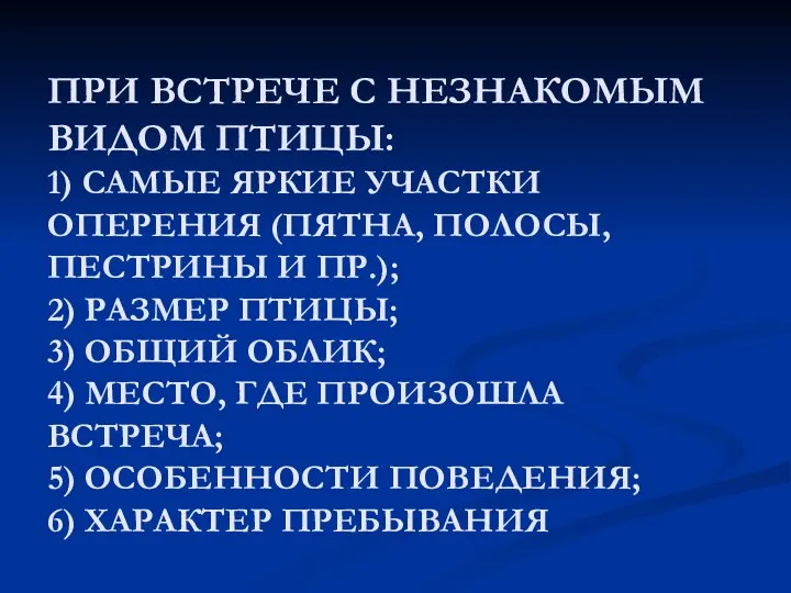 ПРИ ВСТРЕЧЕ С НЕЗНАКОМЫМ ВИДОМ ПТИЦЫ: 1) САМЫЕ ЯРКИЕ УЧАСТКИ ОПЕРЕНИЯ