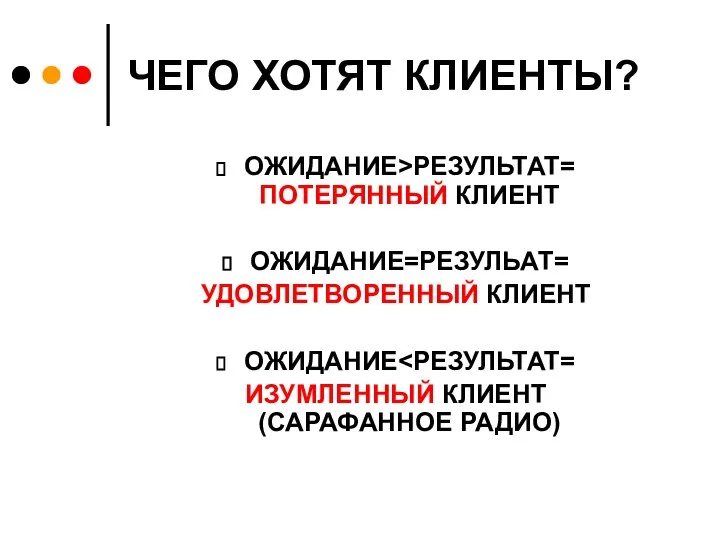 ЧЕГО ХОТЯТ КЛИЕНТЫ? ОЖИДАНИЕ>РЕЗУЛЬТАТ= ПОТЕРЯННЫЙ КЛИЕНТ ОЖИДАНИЕ=РЕЗУЛЬАТ= УДОВЛЕТВОРЕННЫЙ КЛИЕНТ ОЖИДАНИЕ ИЗУМЛЕННЫЙ КЛИЕНТ (САРАФАННОЕ РАДИО)