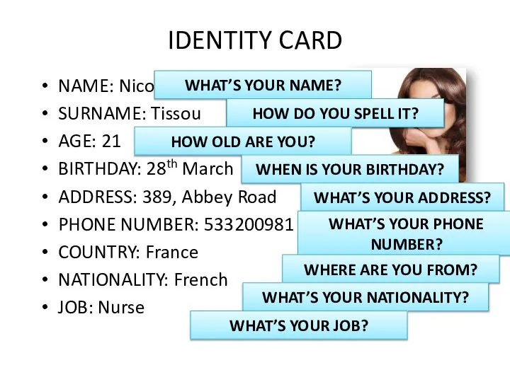 IDENTITY CARD NAME: Nicole SURNAME: Tissou AGE: 21 BIRTHDAY: 28th March