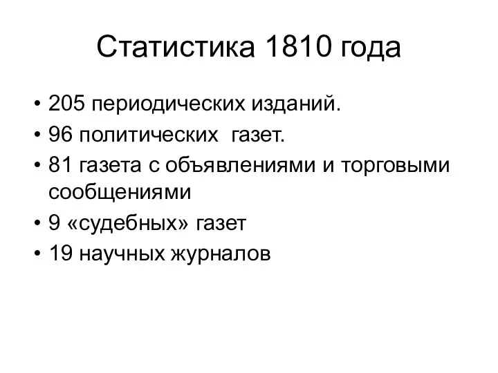 Статистика 1810 года 205 периодических изданий. 96 политических газет. 81 газета