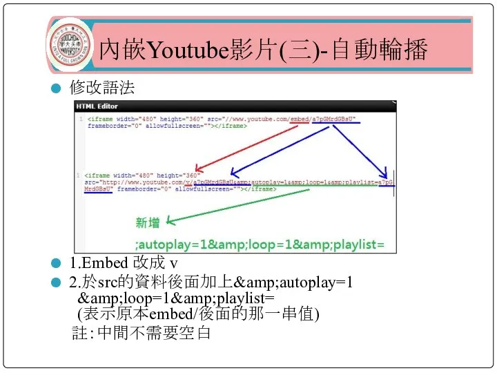 修改語法 1.Embed 改成 v 2.於src的資料後面加上&amp;autoplay=1 &amp;loop=1&amp;playlist= (表示原本embed/後面的那一串值) 註：中間不需要空白 內嵌Youtube影片(三)-自動輪播