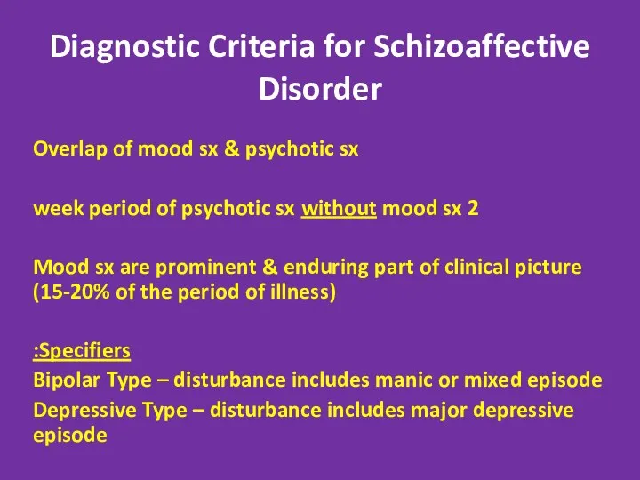 Diagnostic Criteria for Schizoaffective Disorder Overlap of mood sx & psychotic