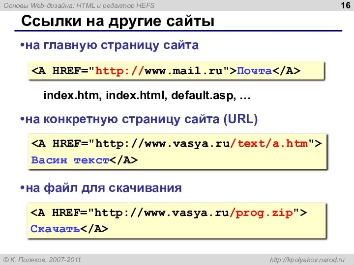 Ссылки на другие сайты Почта на главную страницу сайта index.htm, index.html,