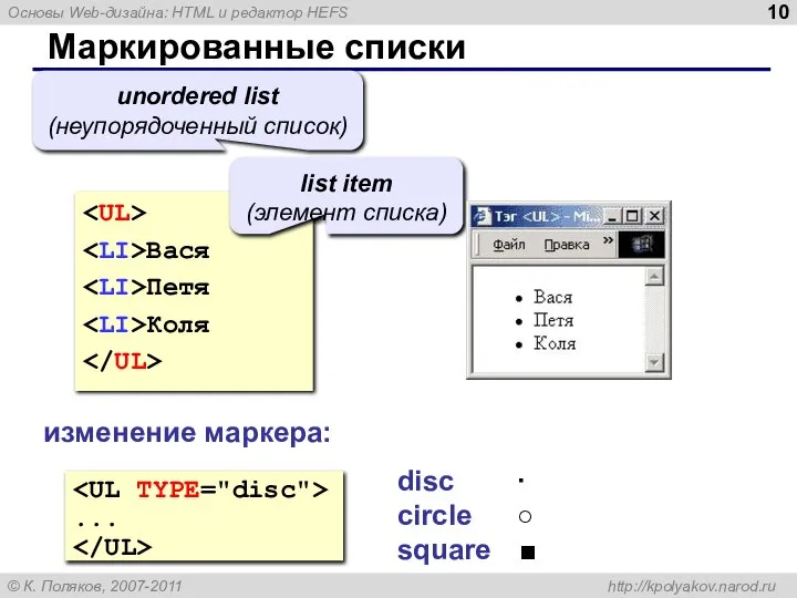 Маркированные списки Вася Петя Коля unordered list (неупорядоченный список) list item