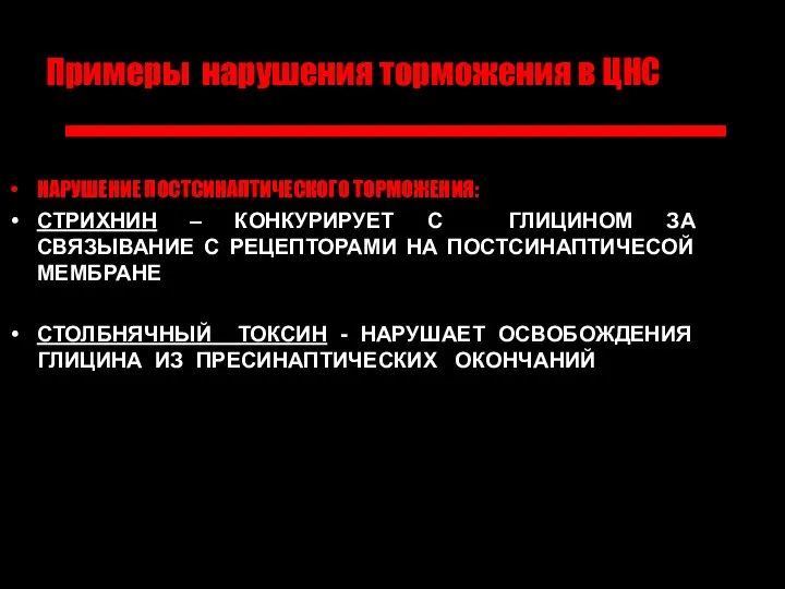 Примеры нарушения торможения в ЦНС НАРУШЕНИЕ ПОСТСИНАПТИЧЕСКОГО ТОРМОЖЕНИЯ: СТРИХНИН – КОНКУРИРУЕТ