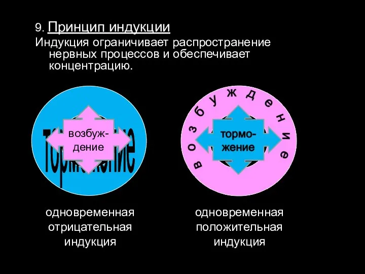 9. Принцип индукции Индукция ограничивает распространение нервных процессов и обеспечивает концентрацию.