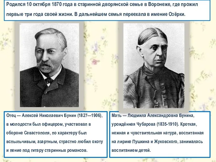 Мать — Людмила Александровна Бунина, урождённая Чубарова (1835-1910). Кроткая, нежная и