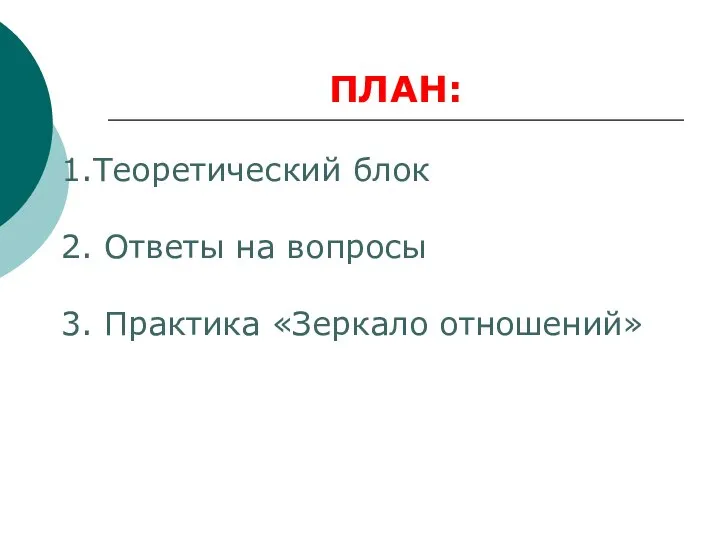 1.Теоретический блок 2. Ответы на вопросы 3. Практика «Зеркало отношений» ПЛАН: