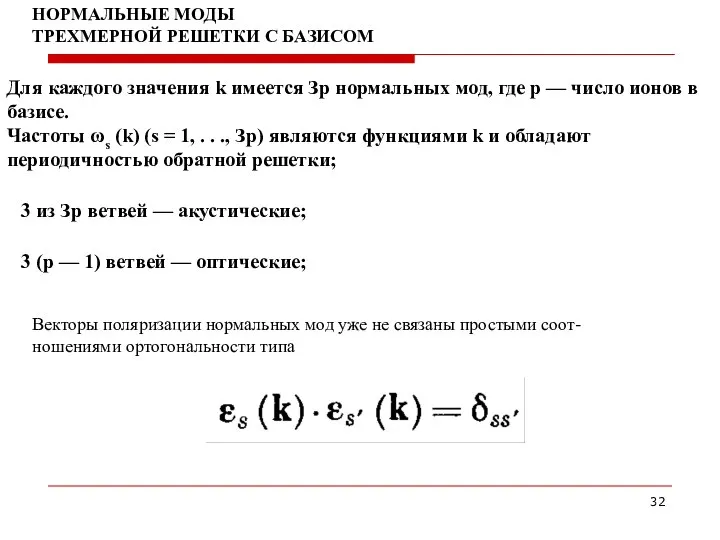 НОРМАЛЬНЫЕ МОДЫ ТРЕХМЕРНОЙ РЕШЕТКИ С БАЗИСОМ Для каждого значения k имеется