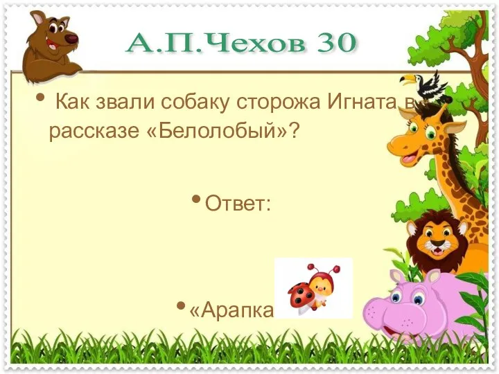 А.П.Чехов 30 Как звали собаку сторожа Игната в рассказе «Белолобый»? Ответ: «Арапка»