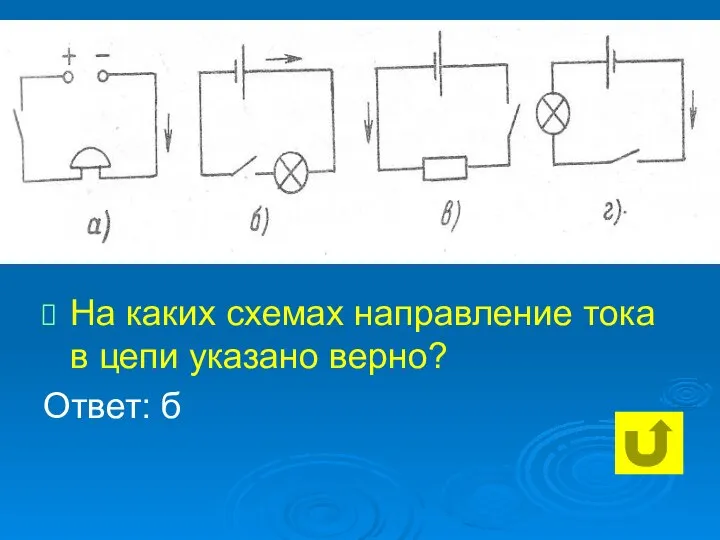 На каких схемах направление тока в цепи указано верно? Ответ: б