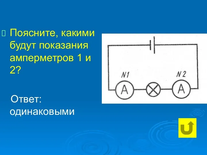 Поясните, какими будут показания амперметров 1 и 2? Ответ: одинаковыми