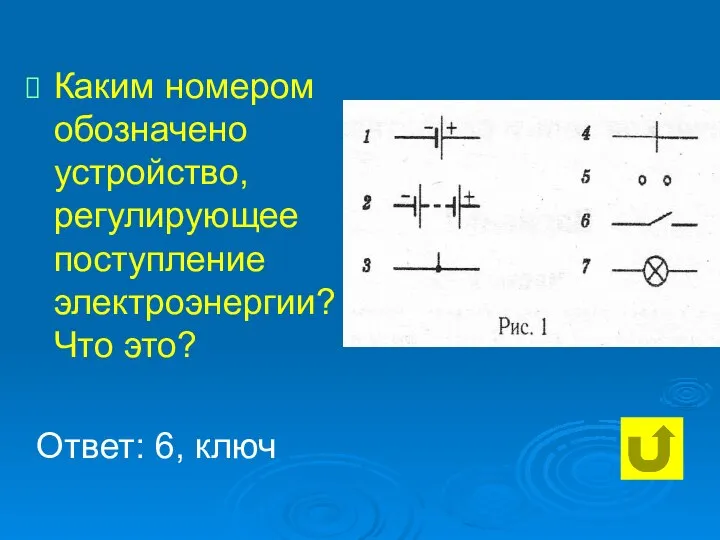 Каким номером обозначено устройство, регулирующее поступление электроэнергии? Что это? Ответ: 6, ключ